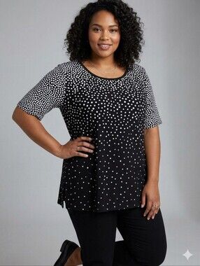FIORI Polka Dot Short Sleeved Top, Crewneck, Size 1XL